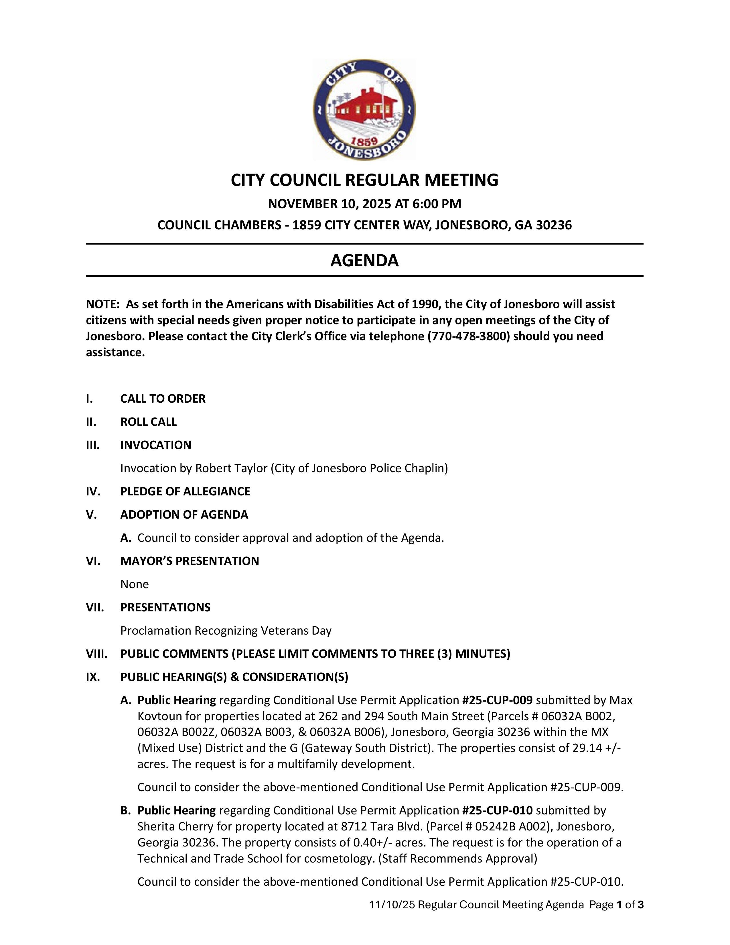 CITY COUNCIL REGULAR SESSION AGENDA NOVEMBER 10, 2025